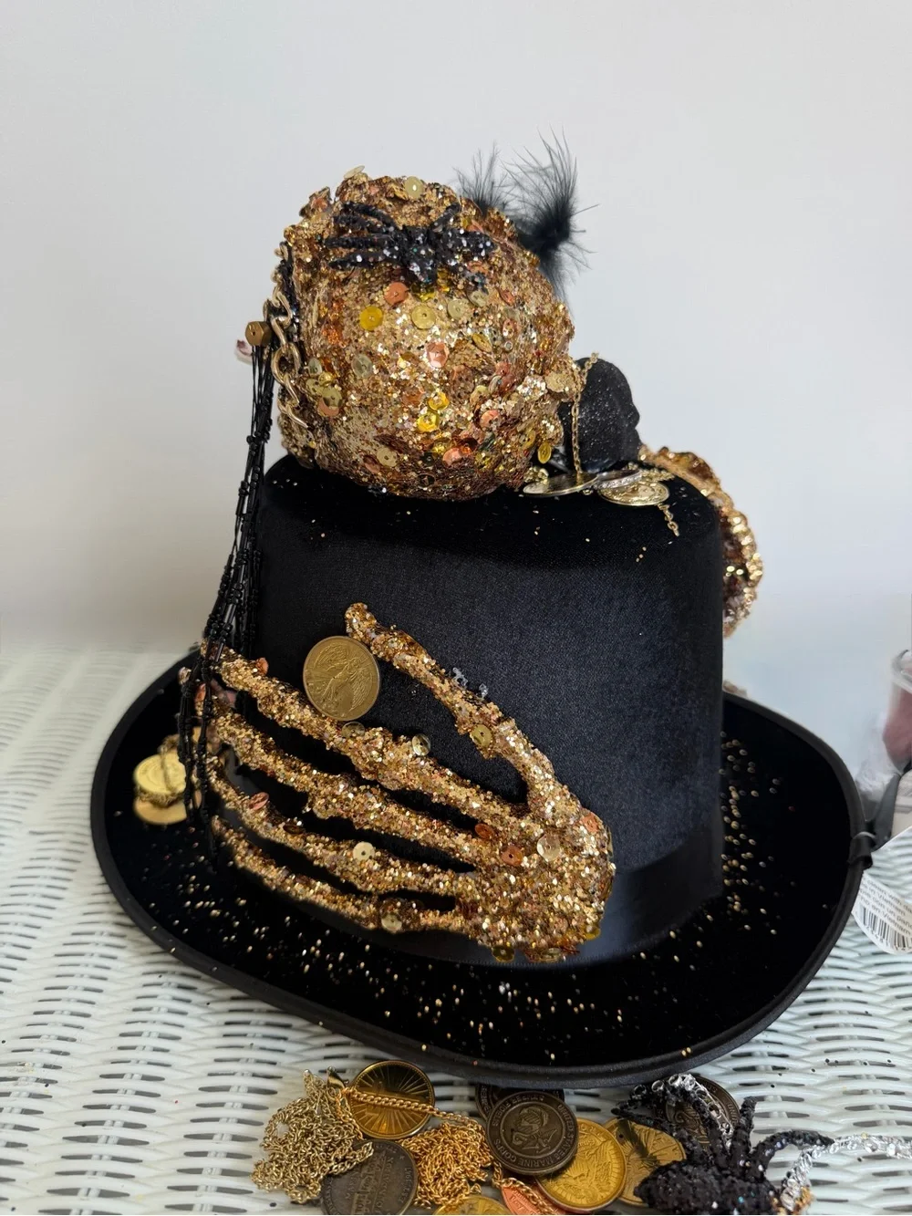 Pirates Bounty Black Gold Decorative Party Top Hat Embellished Skull& hands OS